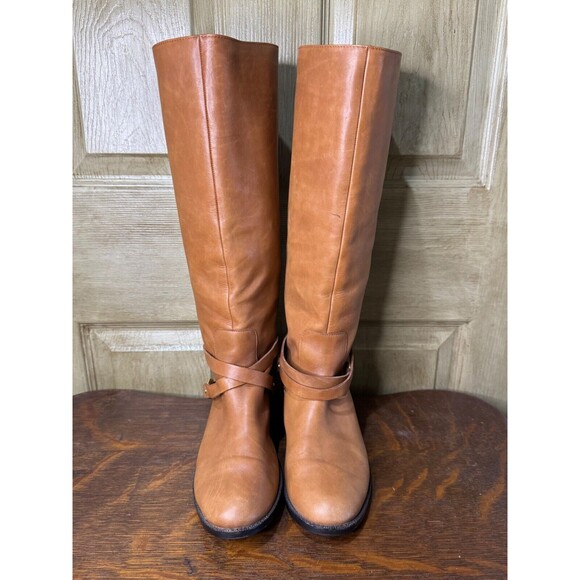 Ralph Lauren Jenny Women Size 8.5B Tan Leather Gold Hardware Riding Tall Boot - Picture 2 of 9